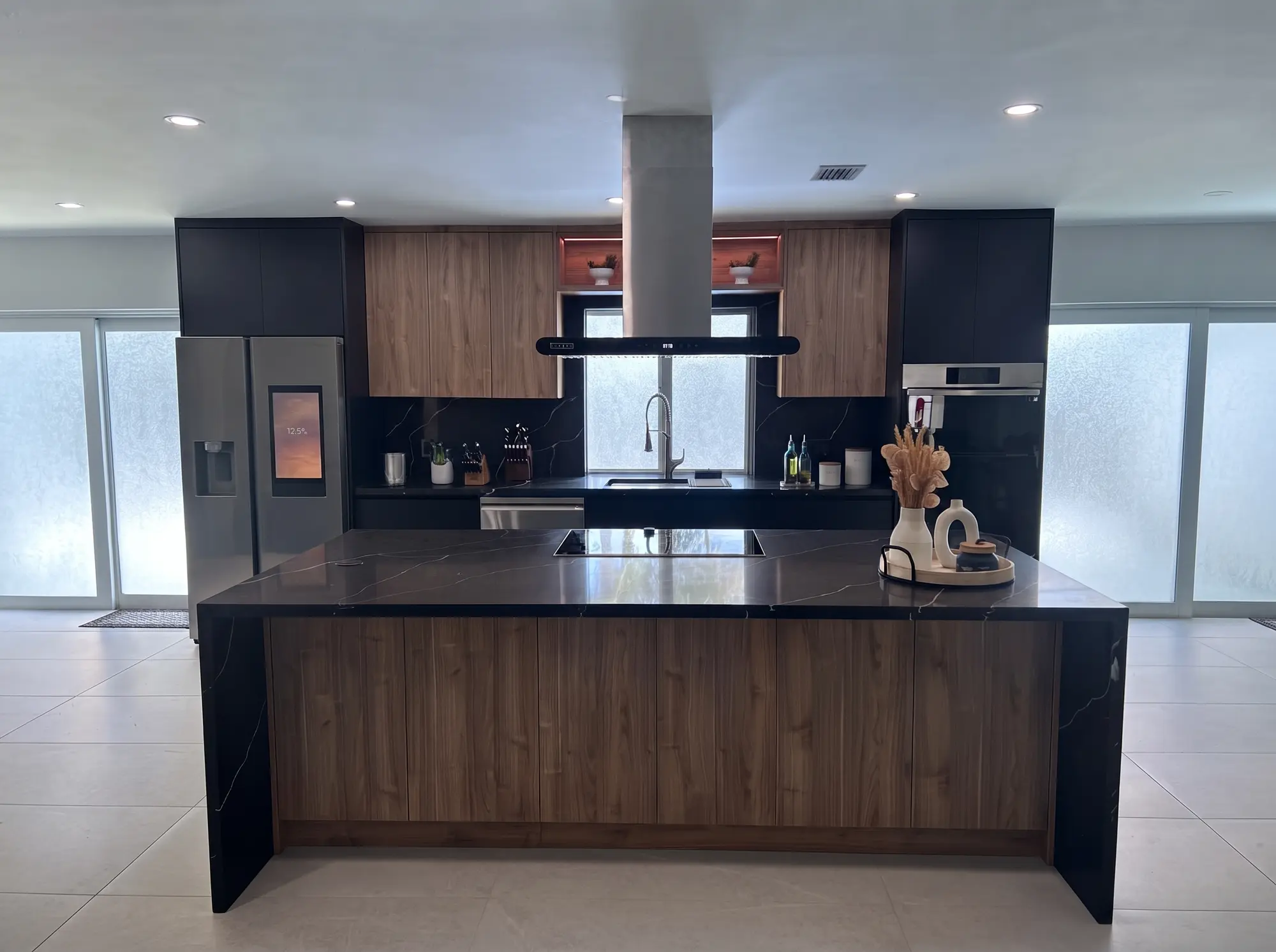 Finished black and oak kitchen with coordinated island